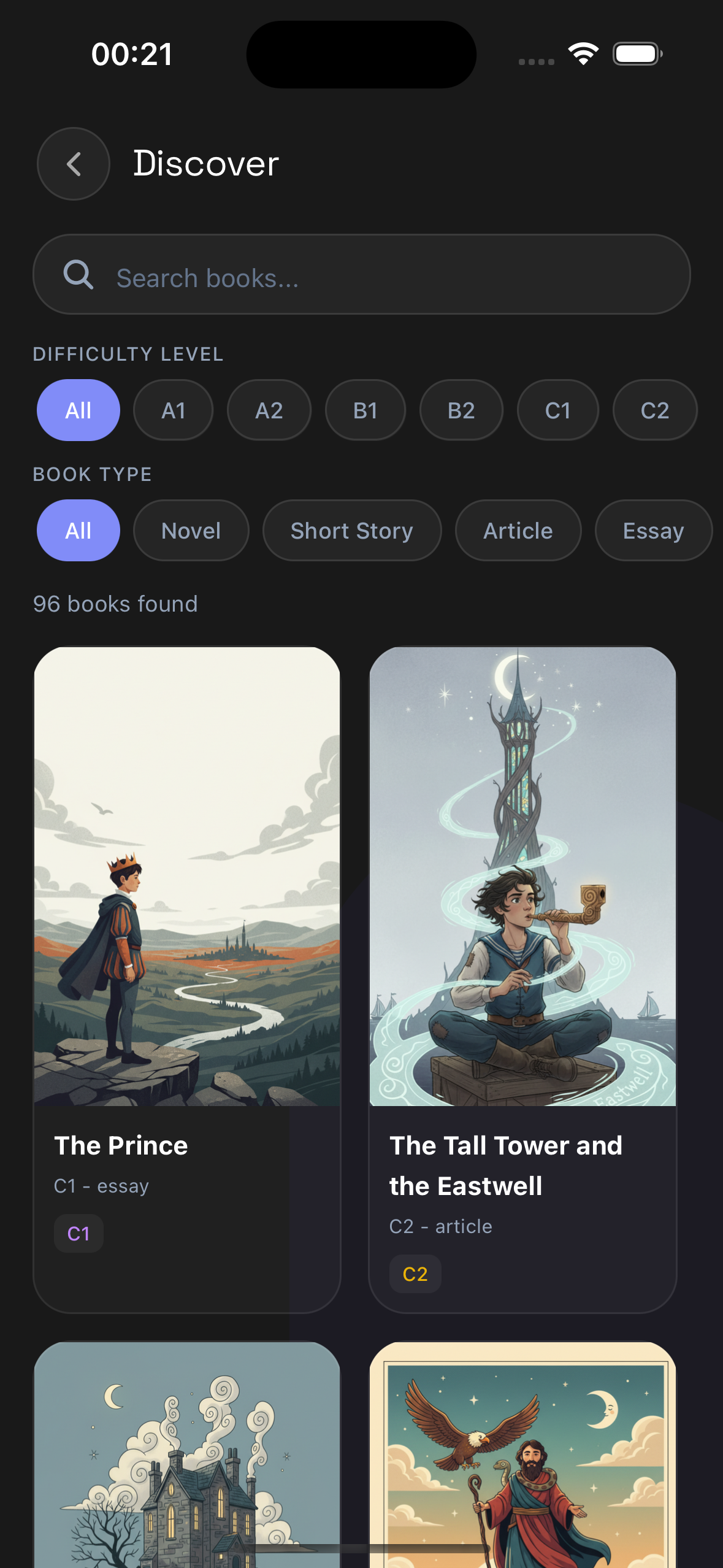 Recally discover screen with English books filtered by level