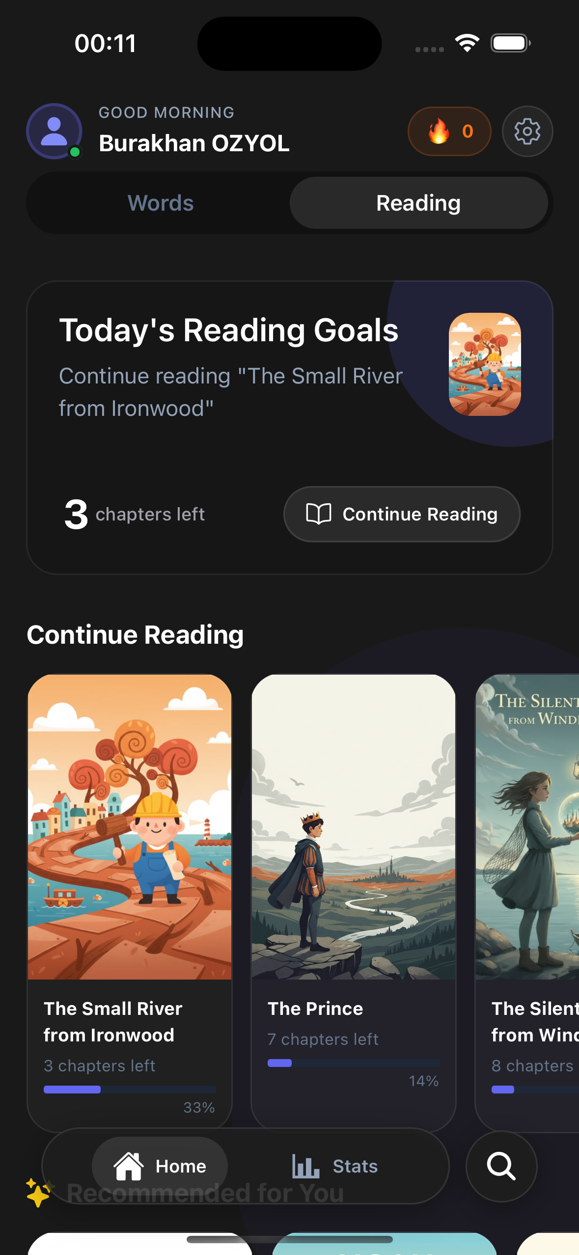 Recally reading dashboard showing daily goals and books