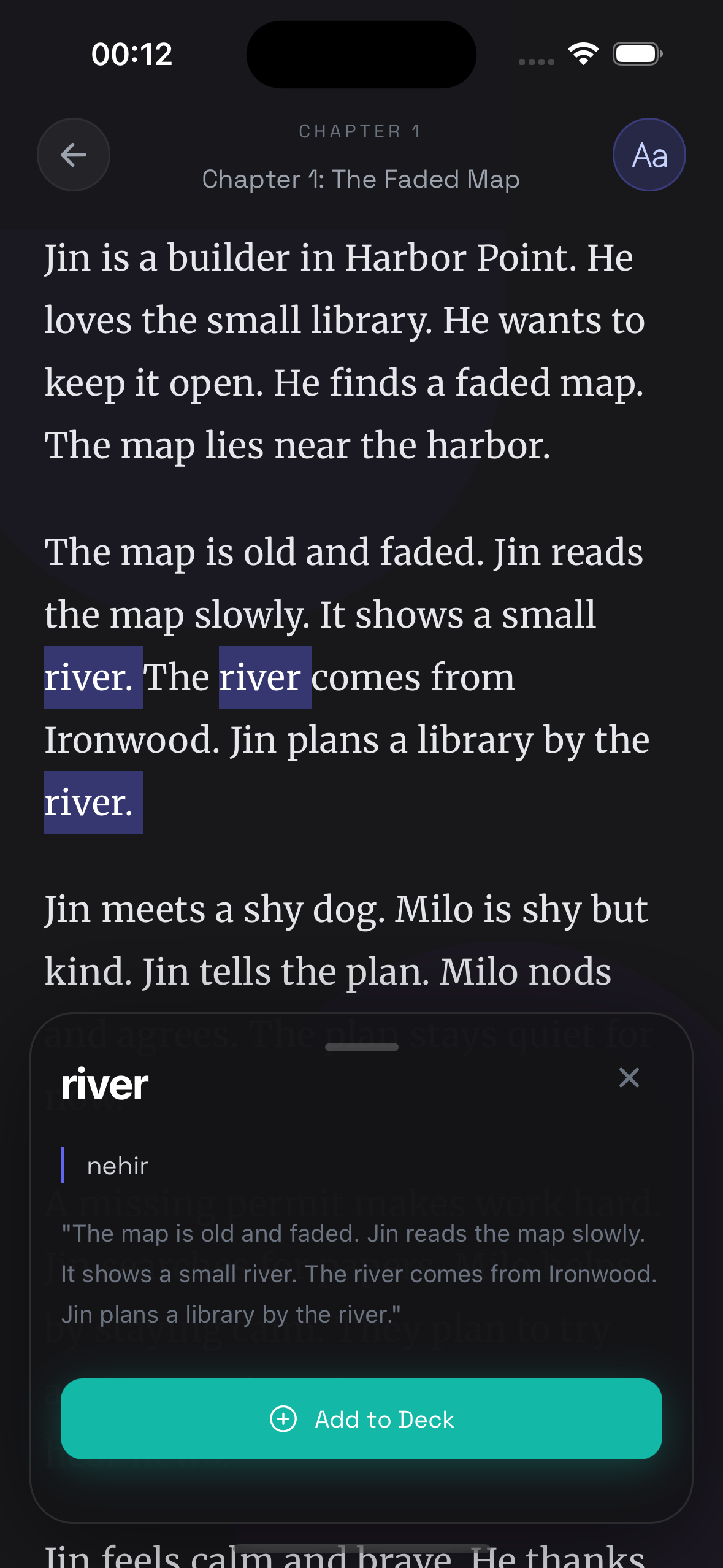 Recally story reading screen with highlighted word translation card